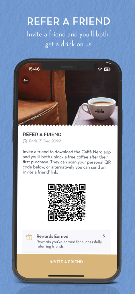 Caffè Nero mobile app screen showing the refer a friend feature with a referral QR code to earn free coffee rewards.