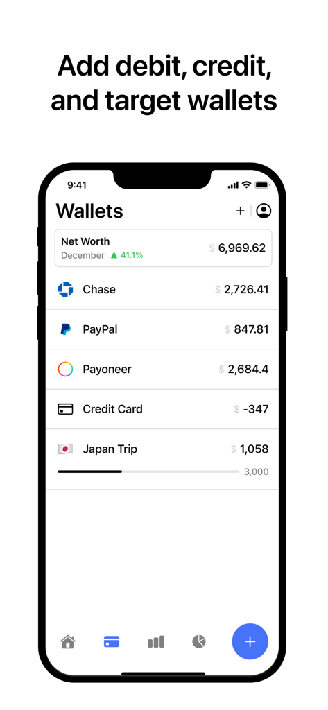 Simple‎ - Una pantalla minimalista de aplicación móvil que muestra varias billeteras financieras y el seguimiento del patrimonio neto en la aplicación Simple