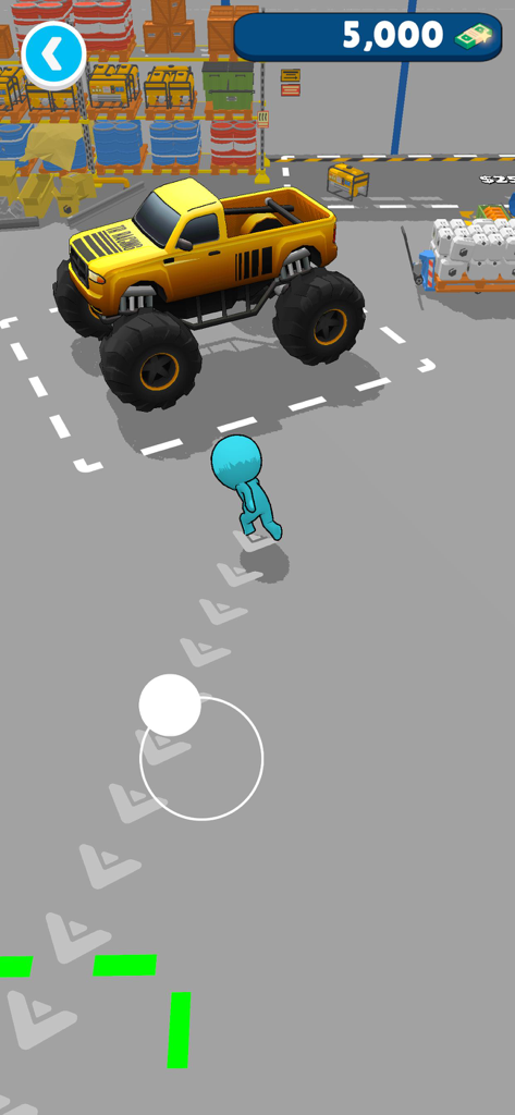 Monster Truck Rampage 3D! - Yellow monster truck parked in a warehouse with a blue character in Monster Truck Rampage 3D.