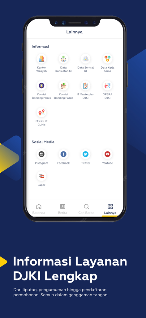 Portal DJKI - Interface of the Portal DJKI mobile app showing a menu of intellectual property services and social media links