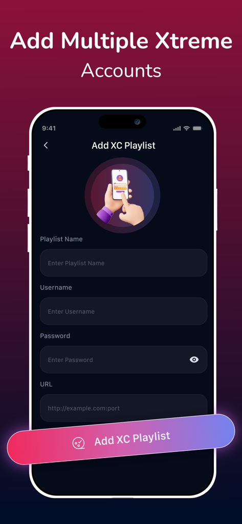 IPTV Player: Streamflow Pro - Interface for adding Xtream Codes playlist with fields for playlist name username password and URL in IPTV Player Streamflow Pro