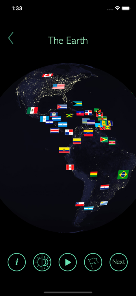 3D Astronomy : Celestial Globe - A 3D model of Earth at night featuring national flags across the Americas in the 3D Astronomy app