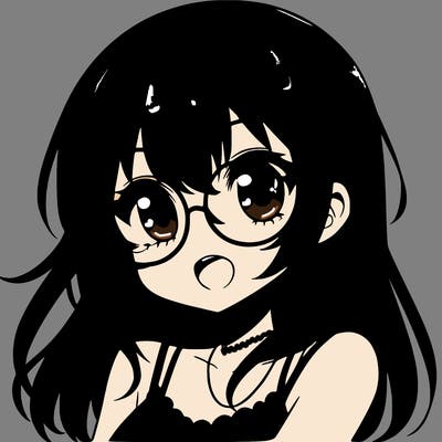 anime girl with black hair and blue glasses