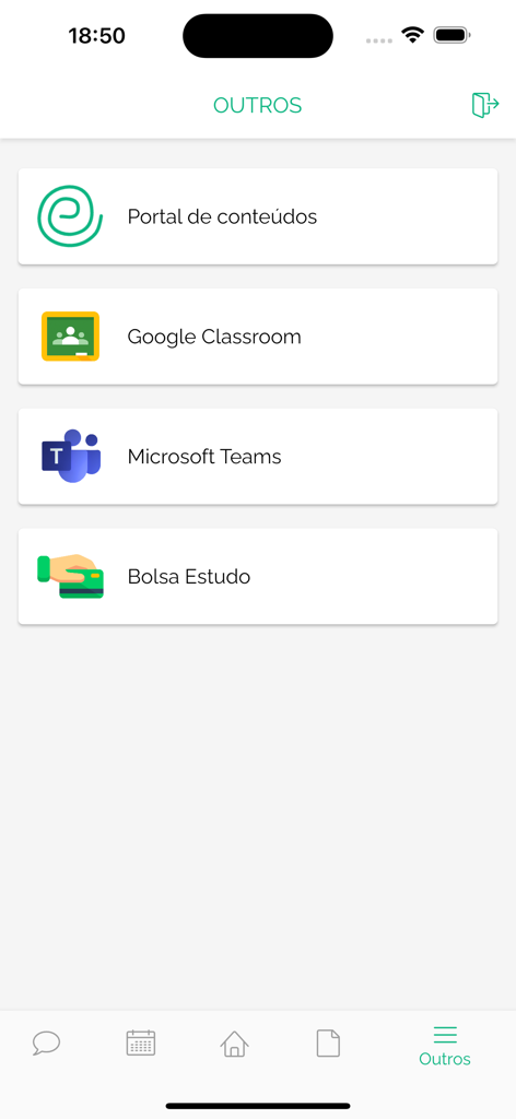 NetEscola - Das Menü der NetEscola-App mit Links zu Google Classroom, Microsoft Teams und Bildungsressourcen.