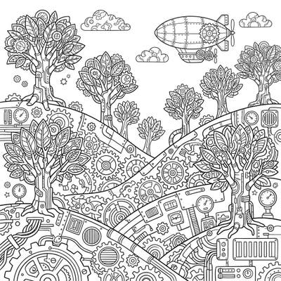 Embark on a captivating coloring journey through a world where nature meets machinery with our Steampunk Forest Hills design. This intricate page features rolling landscapes of gears and pipes, alongside trees infused with Victorian mechanical marvels, offering endless creative possibilities.
