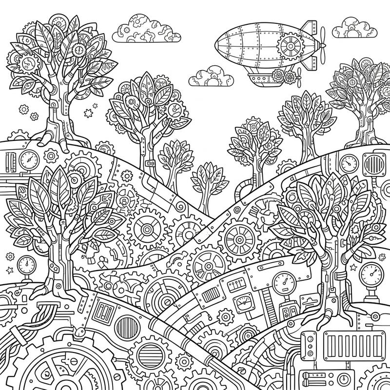 Embark on a captivating coloring journey through a world where nature meets machinery with our Steampunk Forest Hills design. This intricate page features rolling landscapes of gears and pipes, alongside trees infused with Victorian mechanical marvels, offering endless creative possibilities.