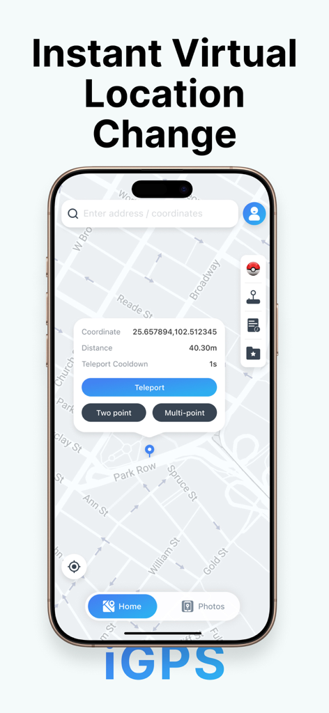 iGPS Spoofer: Location Changer - iGPS Spoofer App-Bildschirm mit virtueller Standort-Teleportation und Koordinaten