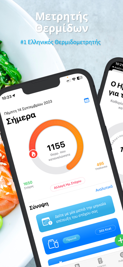 Ελληνικός Θερμιδομετρητής Go - Panel de la aplicación Greek Calorie Counter en iPhone mostrando el progreso diario de calorías y el registro de alimentos en idioma griego.