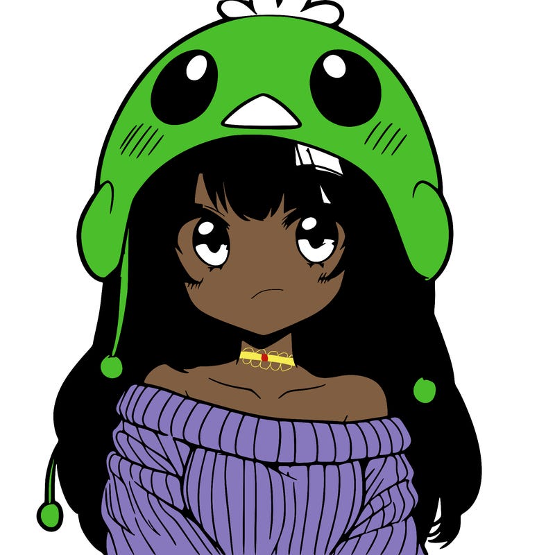 anime girl with chick shaped hat with sweater with bare shoulders with bangs covering them one eye with low tail