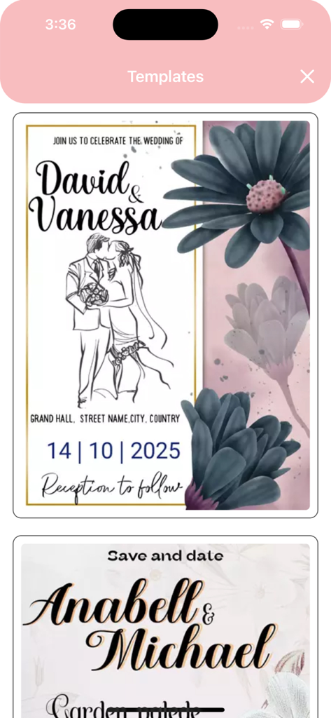 Una selección de plantillas personalizables de invitaciones de boda y 'save the date' en la aplicación.
