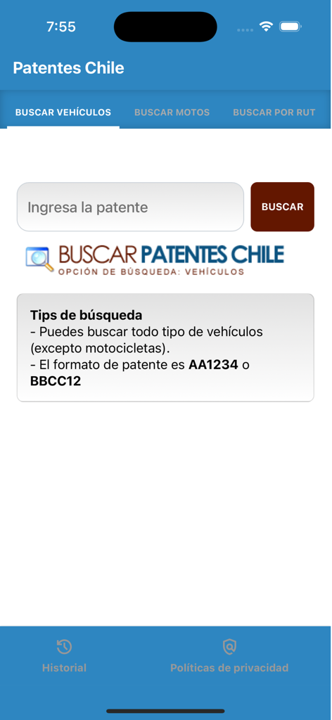 Buscar Patentes Chile - Pantalla principal de la aplicación Buscar Patentes Chile con una barra de búsqueda de matrículas de vehículos chilenos.