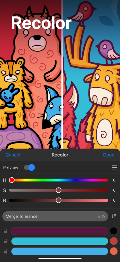 Recolor panel in Amadine app showing color sliders and a vector illustration of cartoon animals in two different color schemes