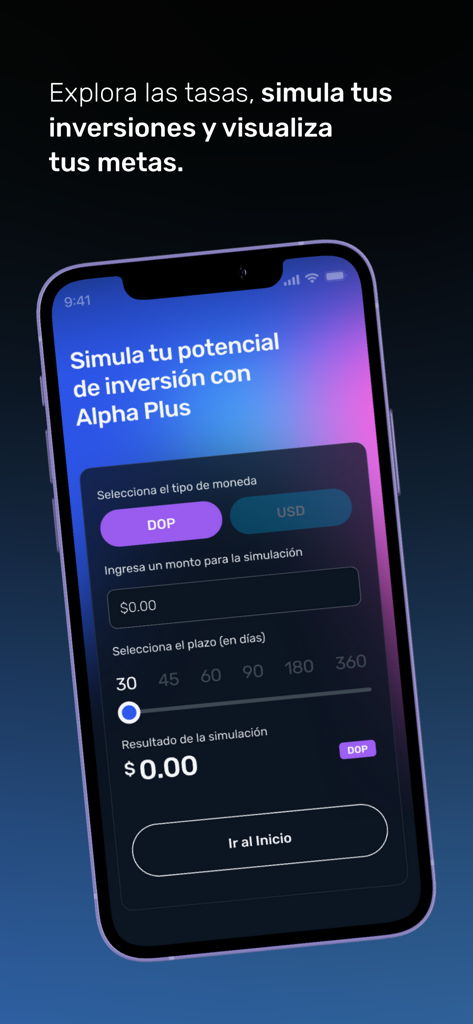 Alpha Puesto de Bolsa - Interfaz de la aplicación móvil del simulador de inversiones de Alpha Puesto de Bolsa mostrando opciones de divisas y plazos.