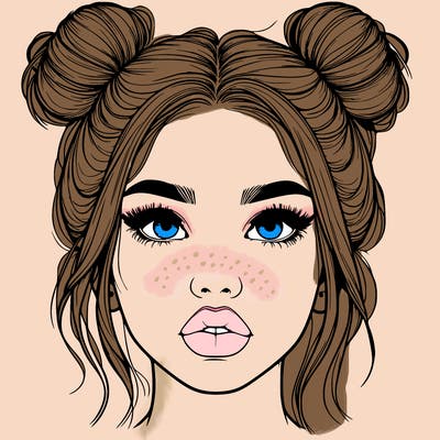 realistic girl with two buns on her hair and lips
