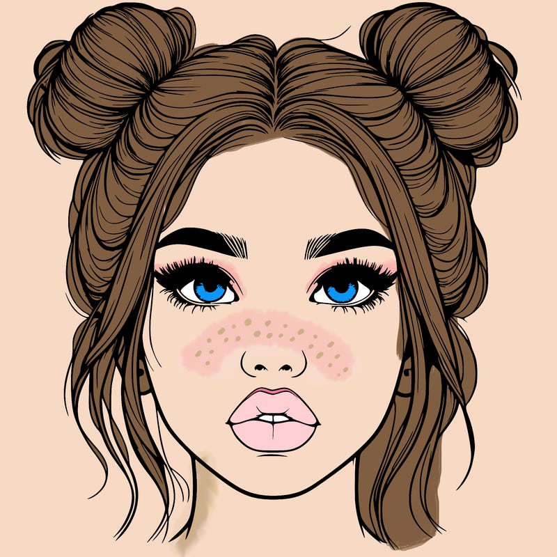 realistic girl with two buns on her hair and lips