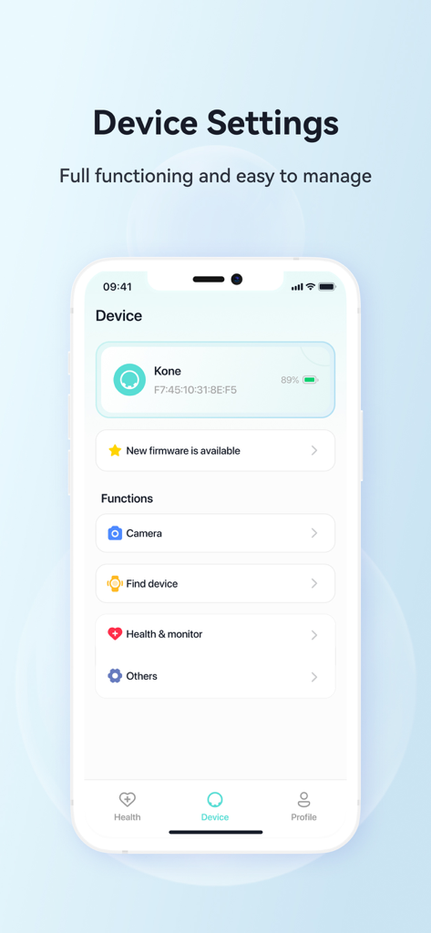 H Ring - HealthLife - H Ring app device settings screen showing connected smart ring status and features