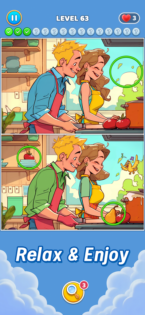 Differences - Spot & Search It - Gameplay screen of a spot the difference puzzle featuring a couple cooking in a cozy kitchen with differences circled in green.