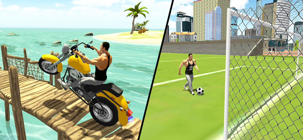 Ein geteilter Bildschirm, der eine Figur zeigt, die auf einem Steg am Strand ein gelbes Motorrad fährt, und Fußball auf einem grünen Feld mit Stadtgebäuden spielt.