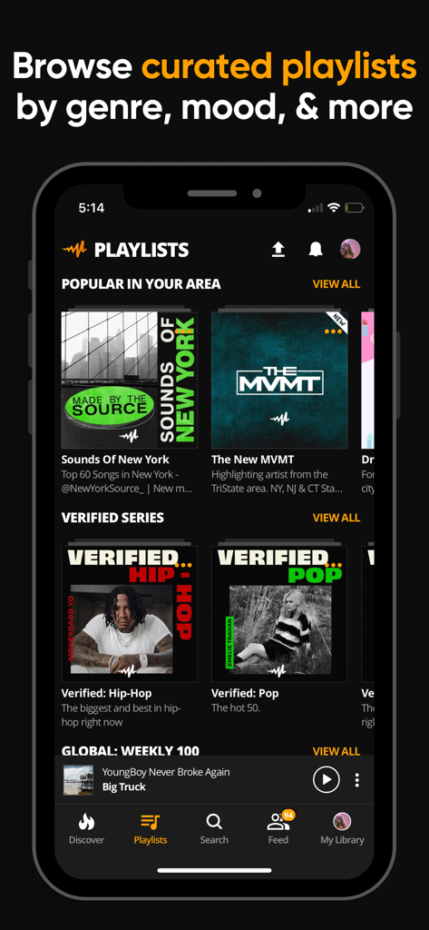 Audiomack app showing popular music playlists by genre and area