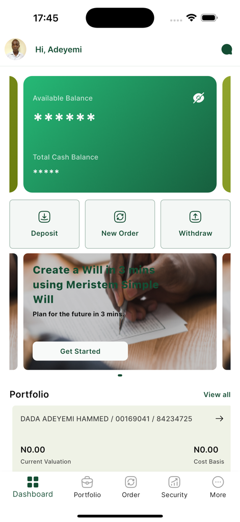 MeriTrade - User dashboard of the MeriTrade app showing available balance and options for deposit new order and withdrawal