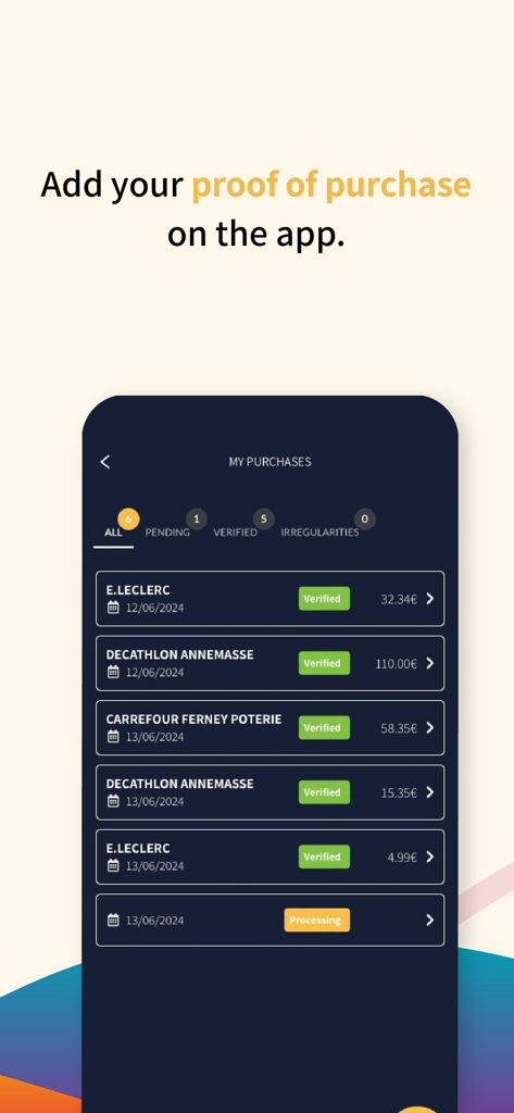 A list of verified store purchases and receipts inside the Savin Tax Free app for French VAT refunds