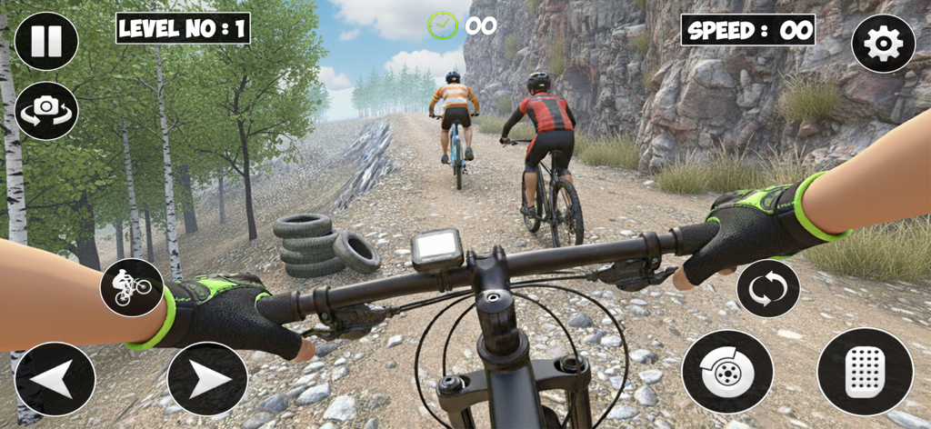 BMX Racing: Bicycle Rider Game - First person view of a bmx bicycle racing game on a mountain trail