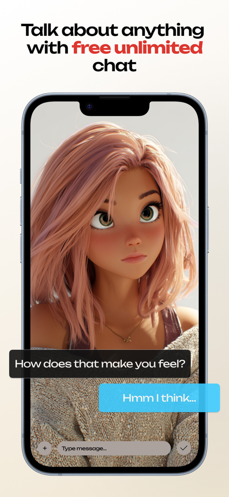 Smartphone mostrando la aplicación Joii con un personaje IA de cabello rosa y una ventana de chat abierta para una conversación empática.