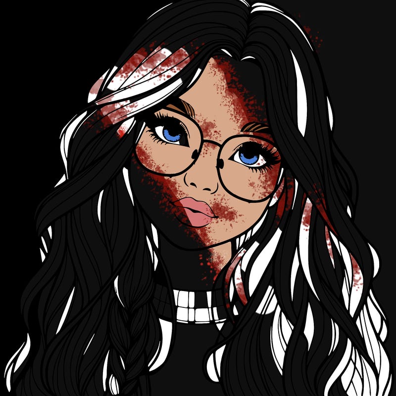 girl with long hair and freckles and glasses realistic