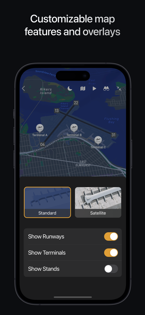 Airports. - Captura de pantalla del iPhone de la aplicación Aeropuertos que muestra superposiciones de mapas personalizables y marcadores de terminales.