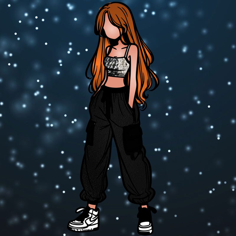 girl in baggy pants crop top and long hair