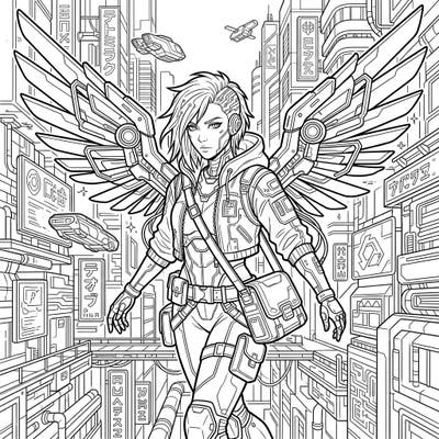 Dive into a thrilling future with this unique coloring page featuring a messenger angel in a striking cyberpunk style. Its intricate details and high-tech urban backdrop offer an exciting challenge for colorists of all levels.