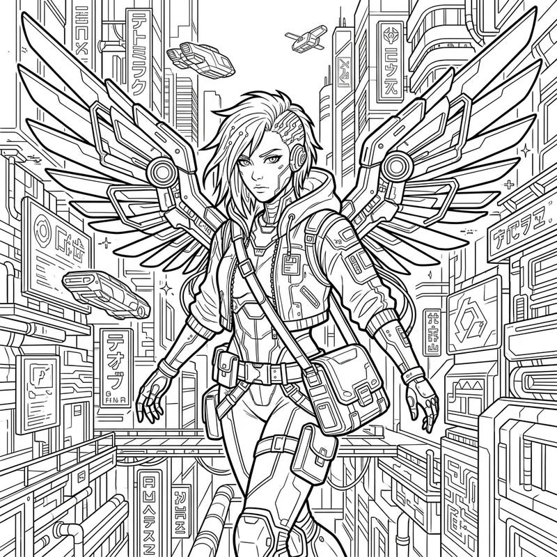 Dive into a thrilling future with this unique coloring page featuring a messenger angel in a striking cyberpunk style. Its intricate details and high-tech urban backdrop offer an exciting challenge for colorists of all levels.