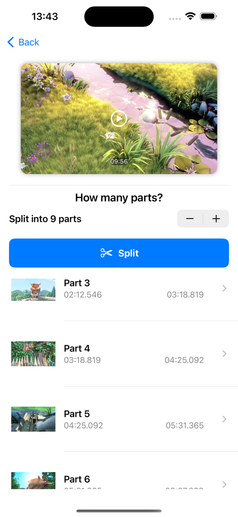Uno screenshot di VidVid che mostra un video diviso in più parti con un pulsante di divisione blu