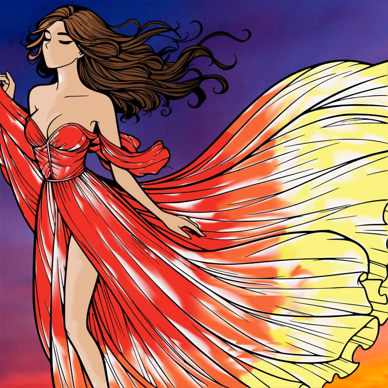 realistic woman in dress flowing the the wind