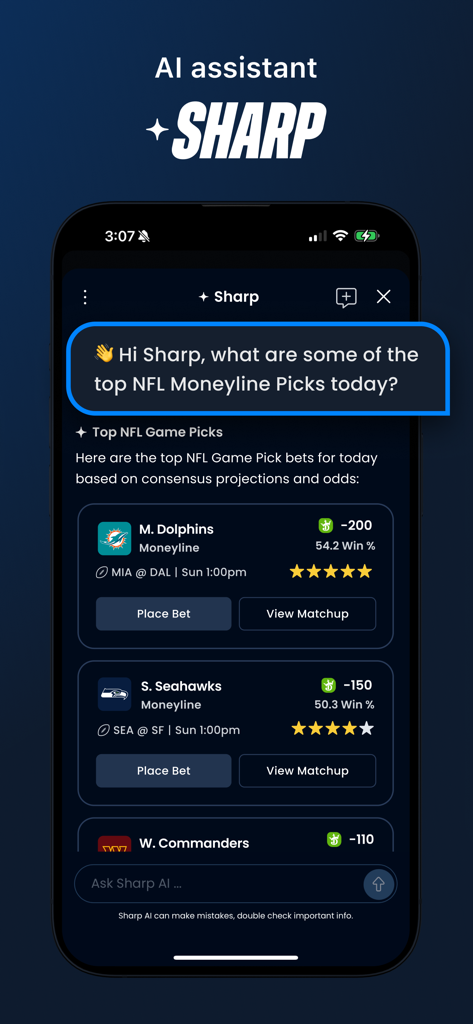 BettingPros: Sports Betting - BettingPros app screen featuring the Sharp AI assistant recommending NFL moneyline picks.