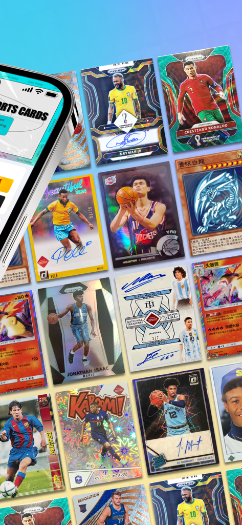 Card Hobby - 축구, 농구, 애니메이션 캐릭터가 등장하는 스포츠 및 게임 트레이딩 카드 콜라주와 Card Hobby 앱을 표시하는 스마트폰.