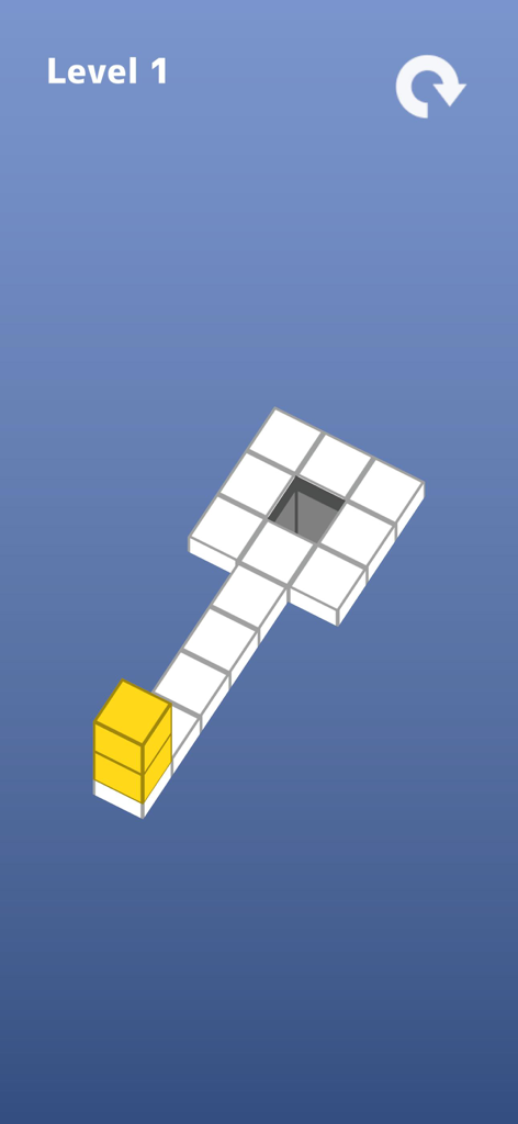 Block Escape: 3D Block Puzzle - Ein gelber rechteckiger 3D-Block auf einer weißen gefliesten Plattform, der in Level 1 auf ein quadratisches Loch zielt