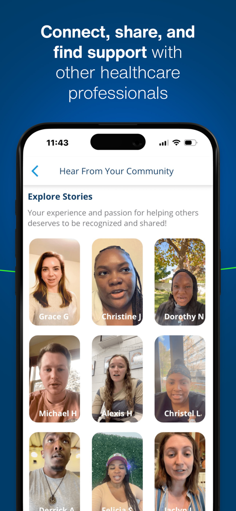 Schermata dell'app AMN Passport che mostra storie della comunità di professionisti sanitari.