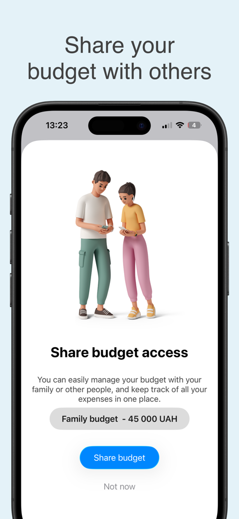 Expense: Budget Tracker - Mobile app screen explaining how to share budget access with family and friends