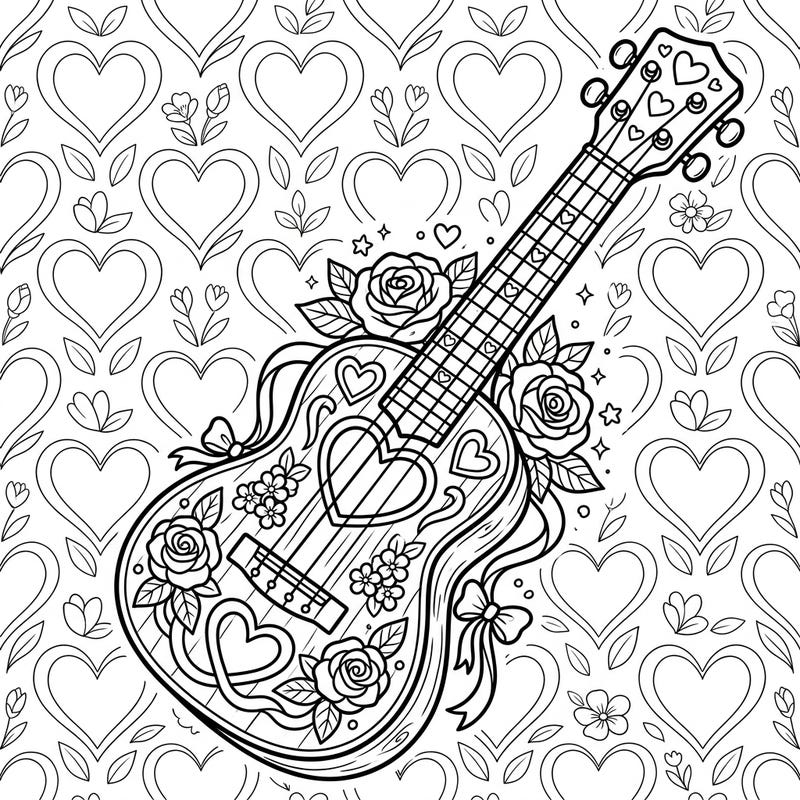 Capture the harmony of love with this delightful Ukulele Valentine's Day coloring page. Adorned with romantic hearts and roses, it's a perfect artistic expression for the season of affection.