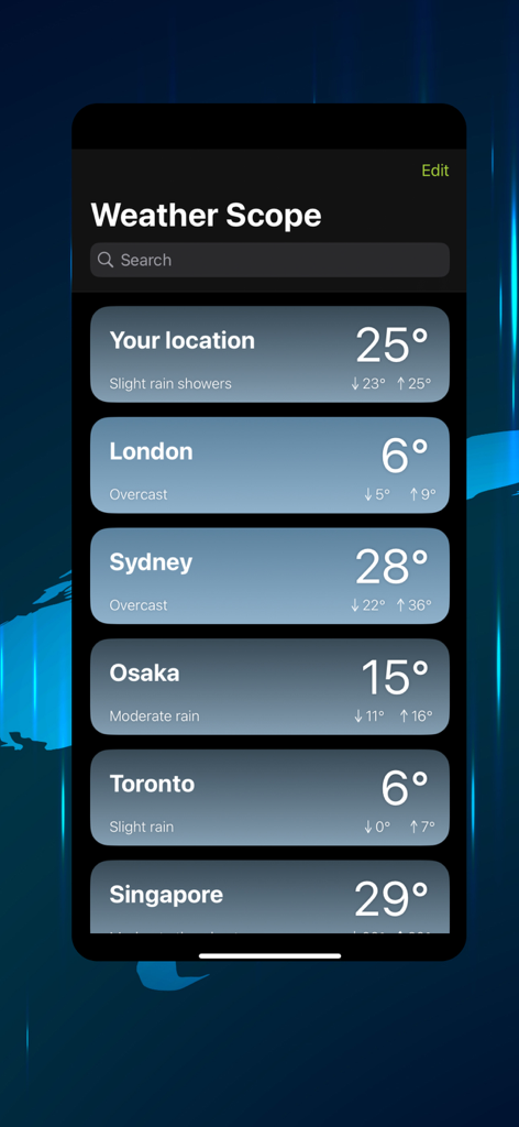Weather Scope Live - Radar Map - Pantalla de la aplicación Weather Scope mostrando el clima actual y las temperaturas para múltiples ciudades globales en una vista de lista.