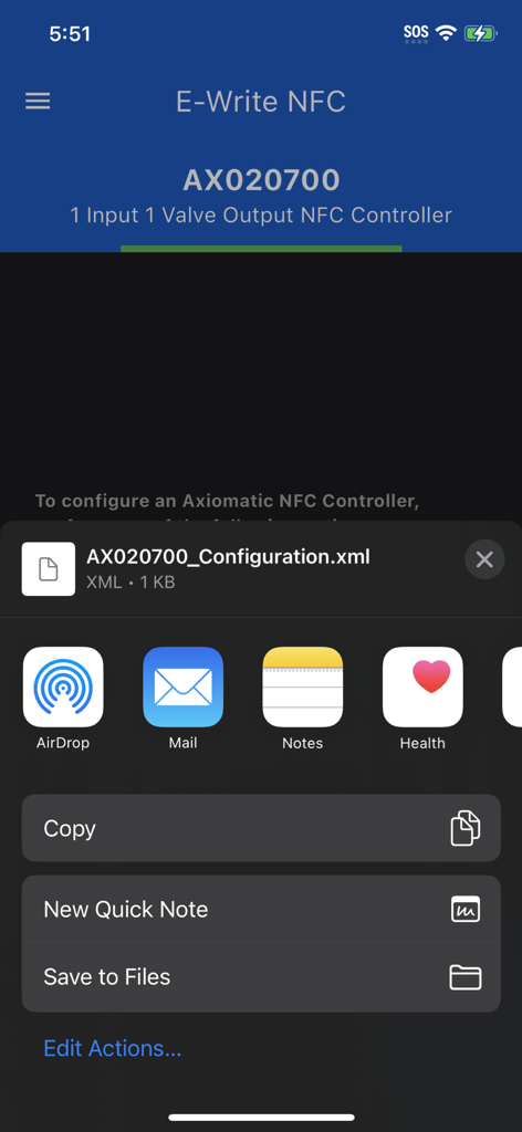 E-Write NFC - Exporting AX020700 controller configuration XML file in E-Write NFC app