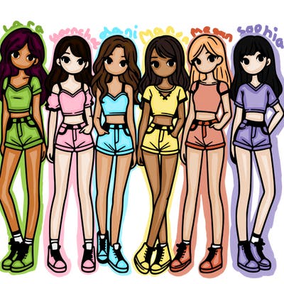 a group of girls wearing crop tops and shorts