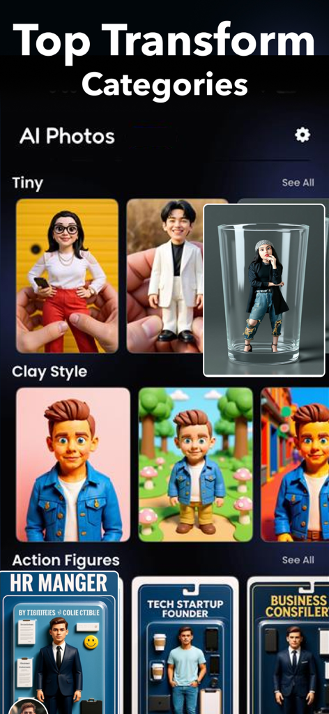 Interface of AI Photo Generator app showing transform categories like Tiny, Clay Style, and Action Figures.