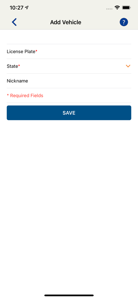 Add vehicle screen in the Pango Parking app showing fields for license plate, state, and nickname.