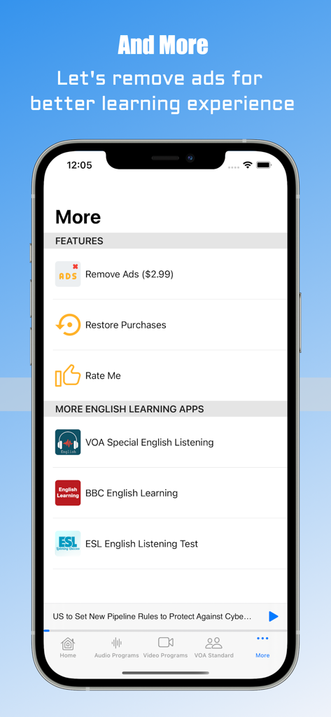 VOA English Learning - L'écran Plus de l'application VOA English Learning montrant les options pour supprimer les publicités et explorer d'autres applications ESL associées