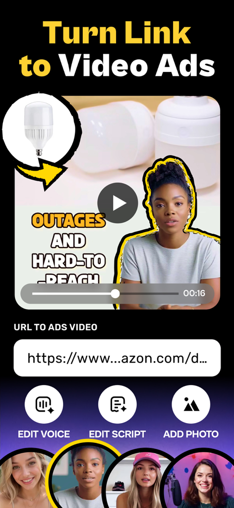 AI UGC Video Ads - Product Ads - Interface montrant comment transformer un lien produit en une publicité vidéo UGC IA