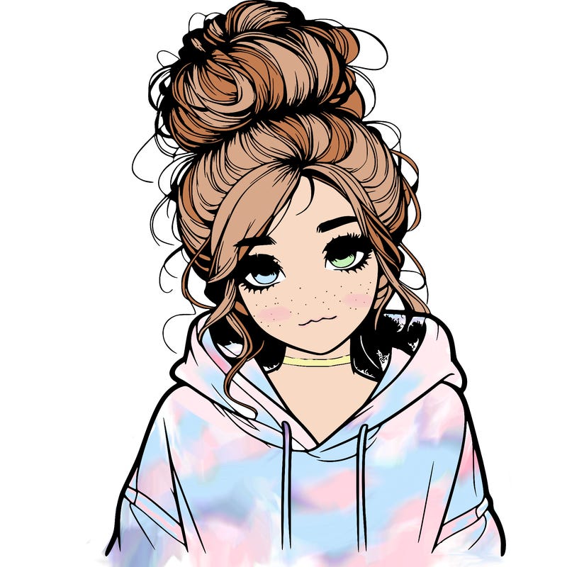 realistic girl with a massy bun and a hoodie