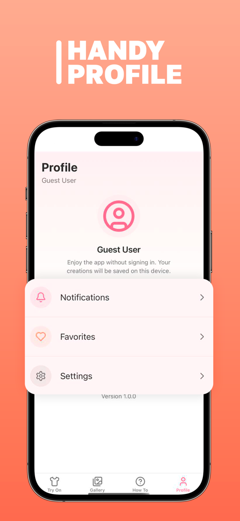 Page de profil de l'application de garde-robe virtuelle PixelPro Vision plus affichant des options pour les utilisateurs invités comme les notifications, les favoris et les paramètres.