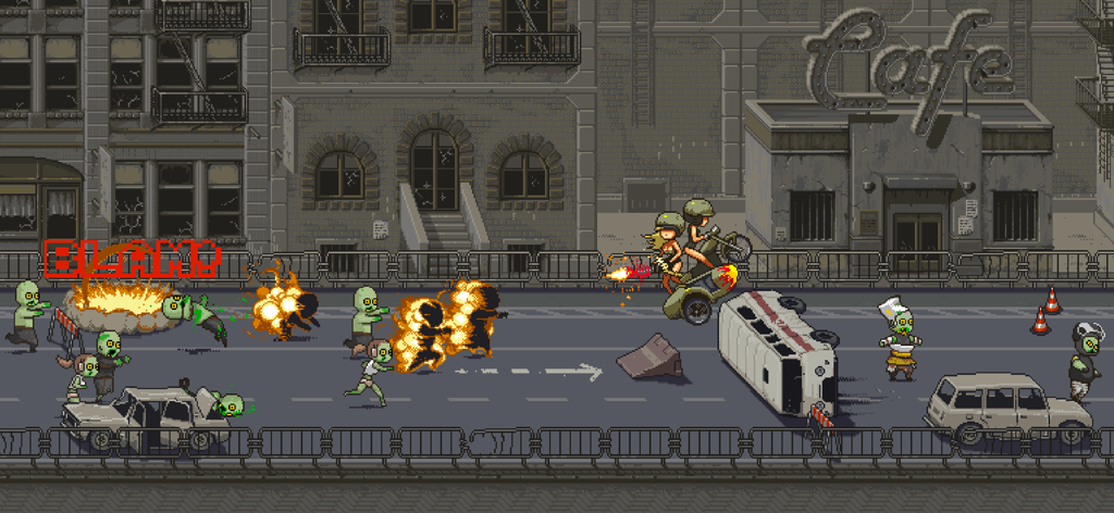 Dead Ahead: Zombie bike racing - Pixel art gameplay of Dead Ahead featuring characters on a motorcycle fighting zombies in a city setting